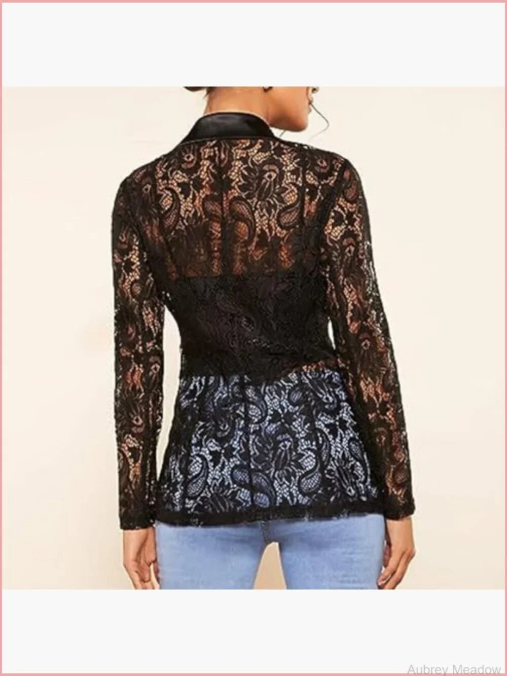 Floral Lace Blazer Single Button Lapel Neck Sheer Mesh Jacket